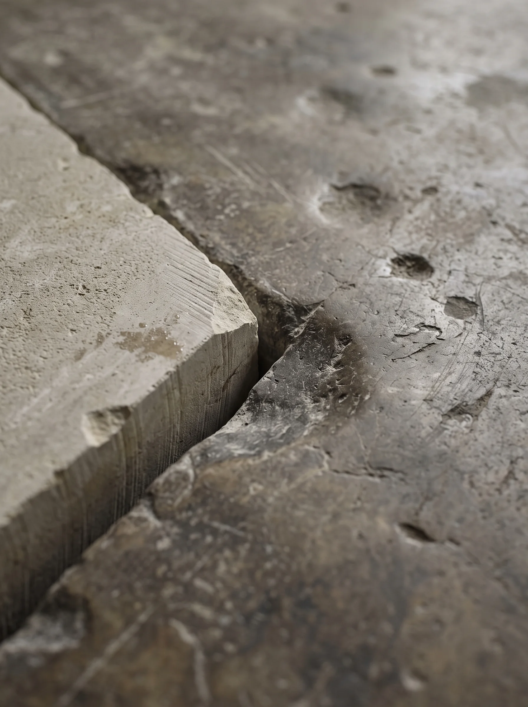 Close-up of a freshly sawn limestone edge sitting against the worn face of the same antique flag
