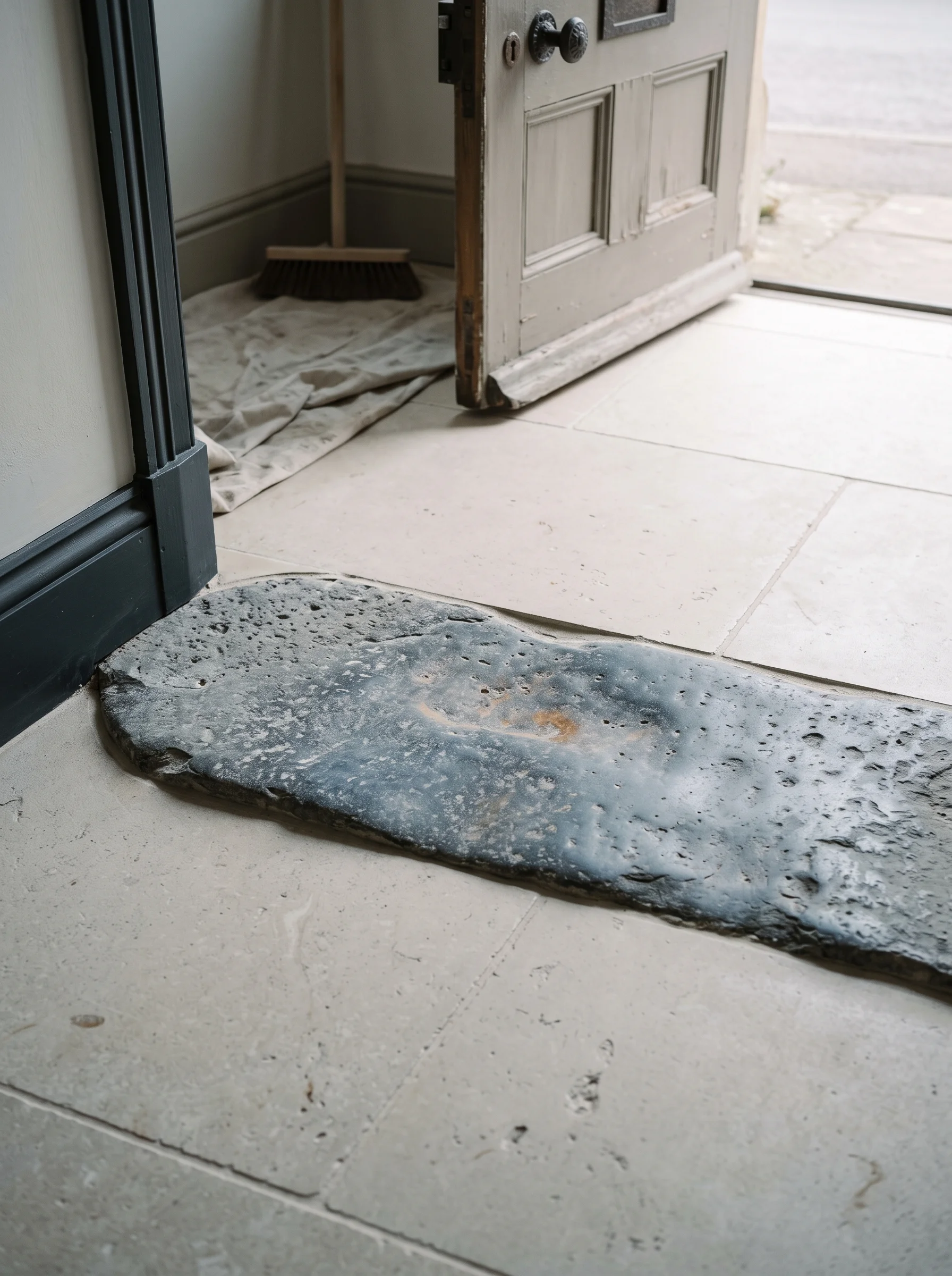 Porch floor with the worn original threshold stone kept, new limestone borders cut around period skirting