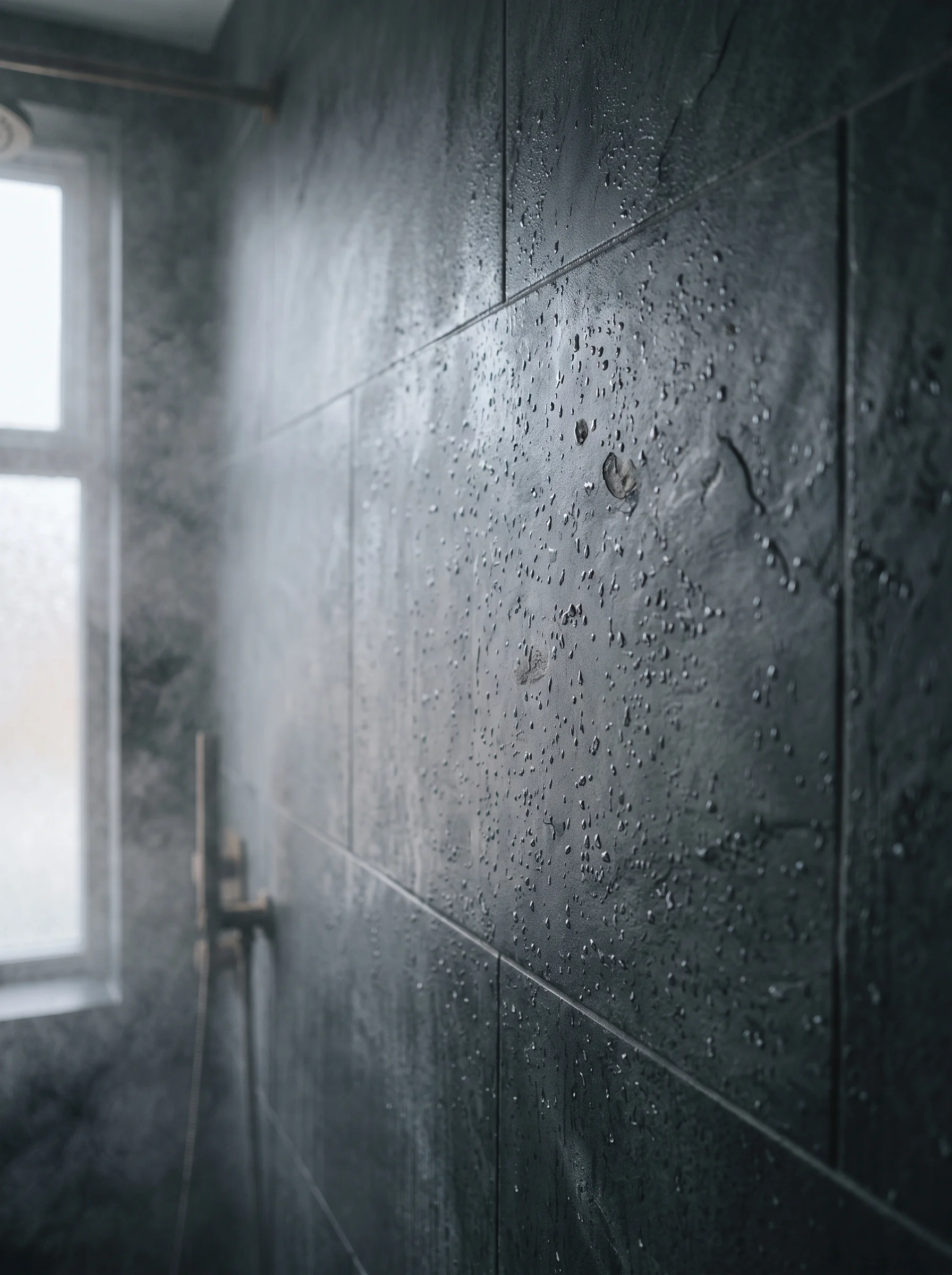 Steam on a honed slate wet room wall, water beading on the dark stone