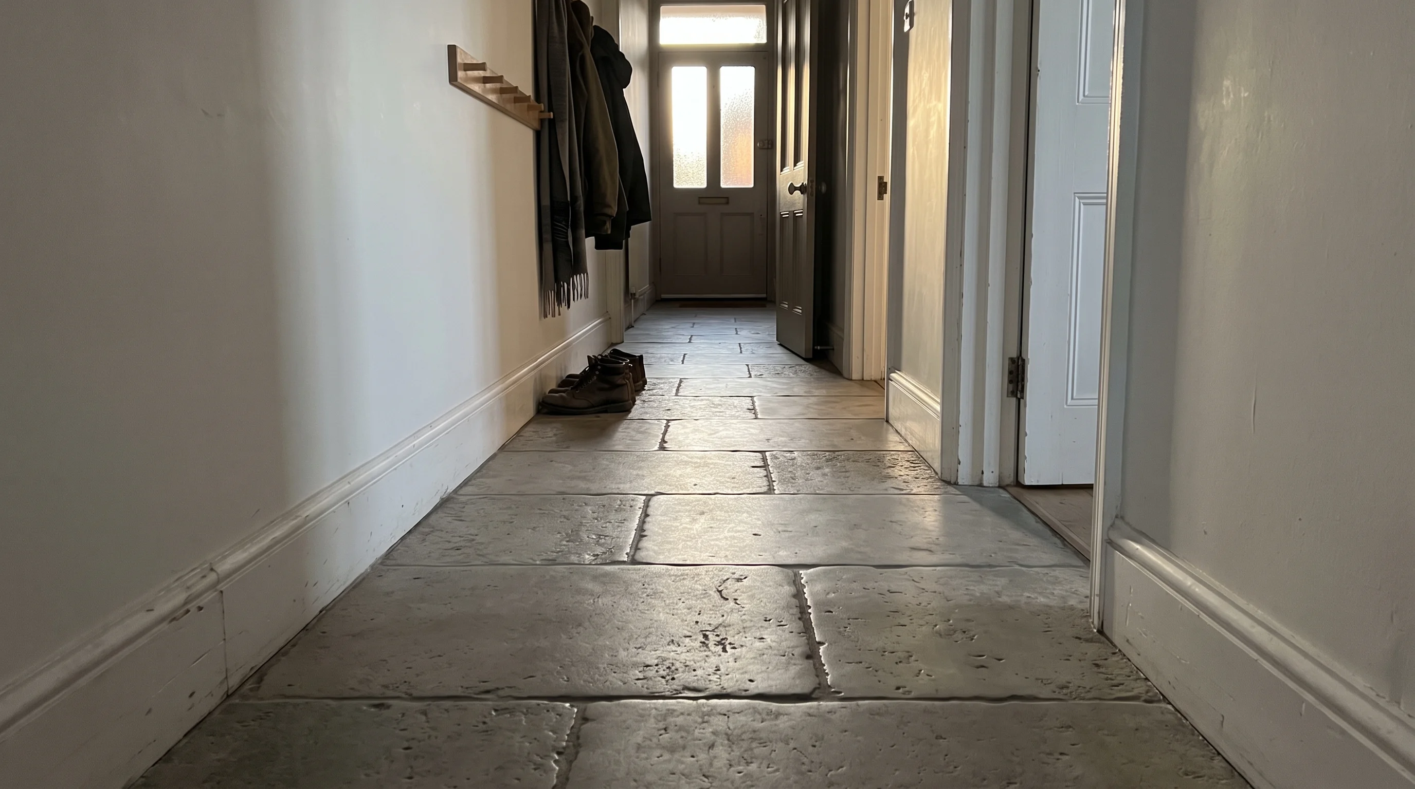 Reclaimed limestone hallway floor in a Victorian terrace, raking evening light showing every hollow