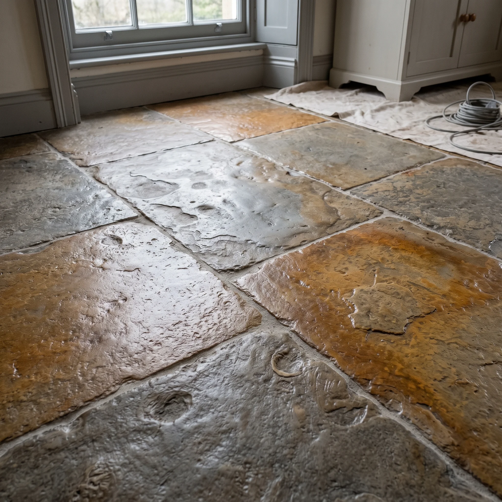 Freshly sealed antique flagstones showing an amber glow from the stone's own minerals
