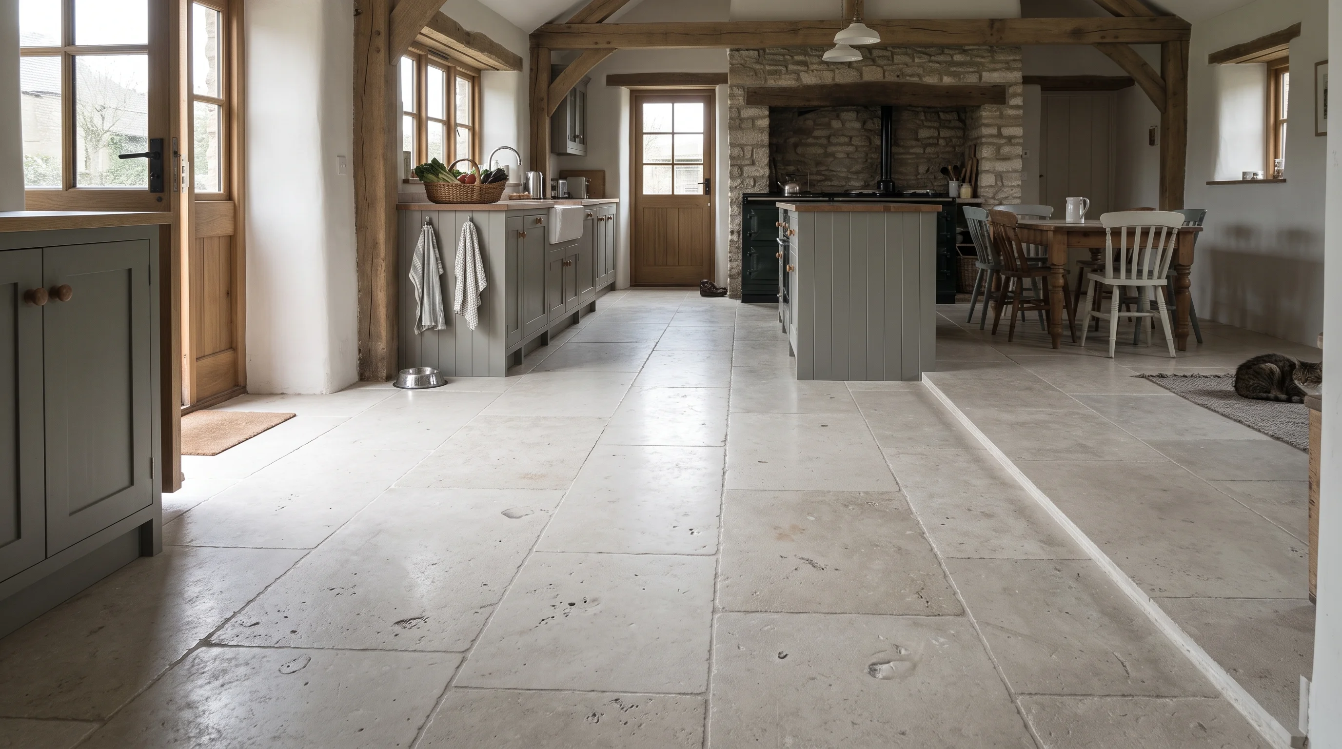 Barn-conversion kitchen with a pale limestone floor laid over underfloor heating