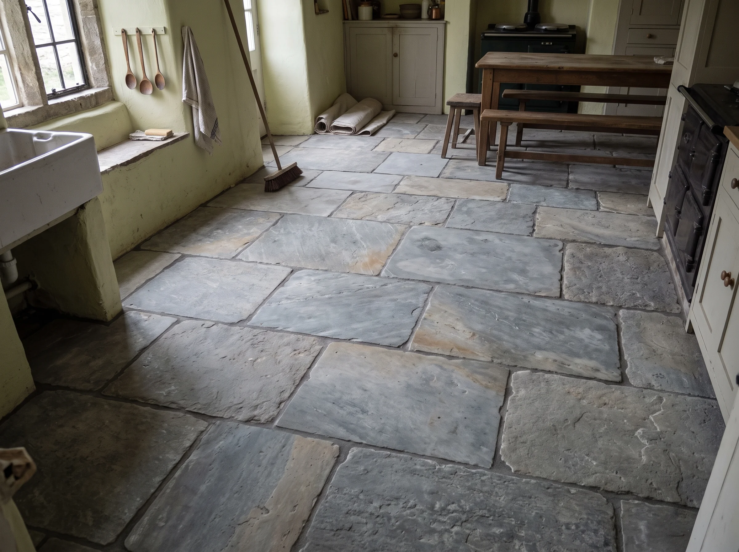 Cottage kitchen with new lias flagstones laid to follow the room's old dip towards the hearth