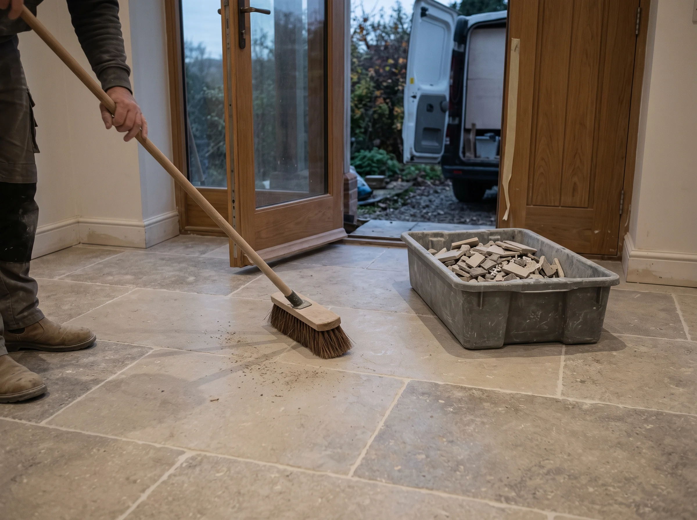 Broom sweeping a newly laid limestone floor at the end of the job, offcuts collected by the door