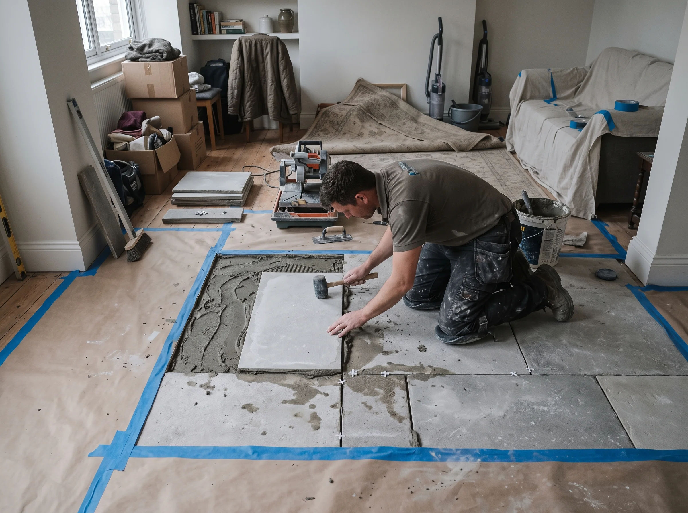 Stone floor half laid in a lived-in room, dust sheets over furniture and painter's tape on the door frame