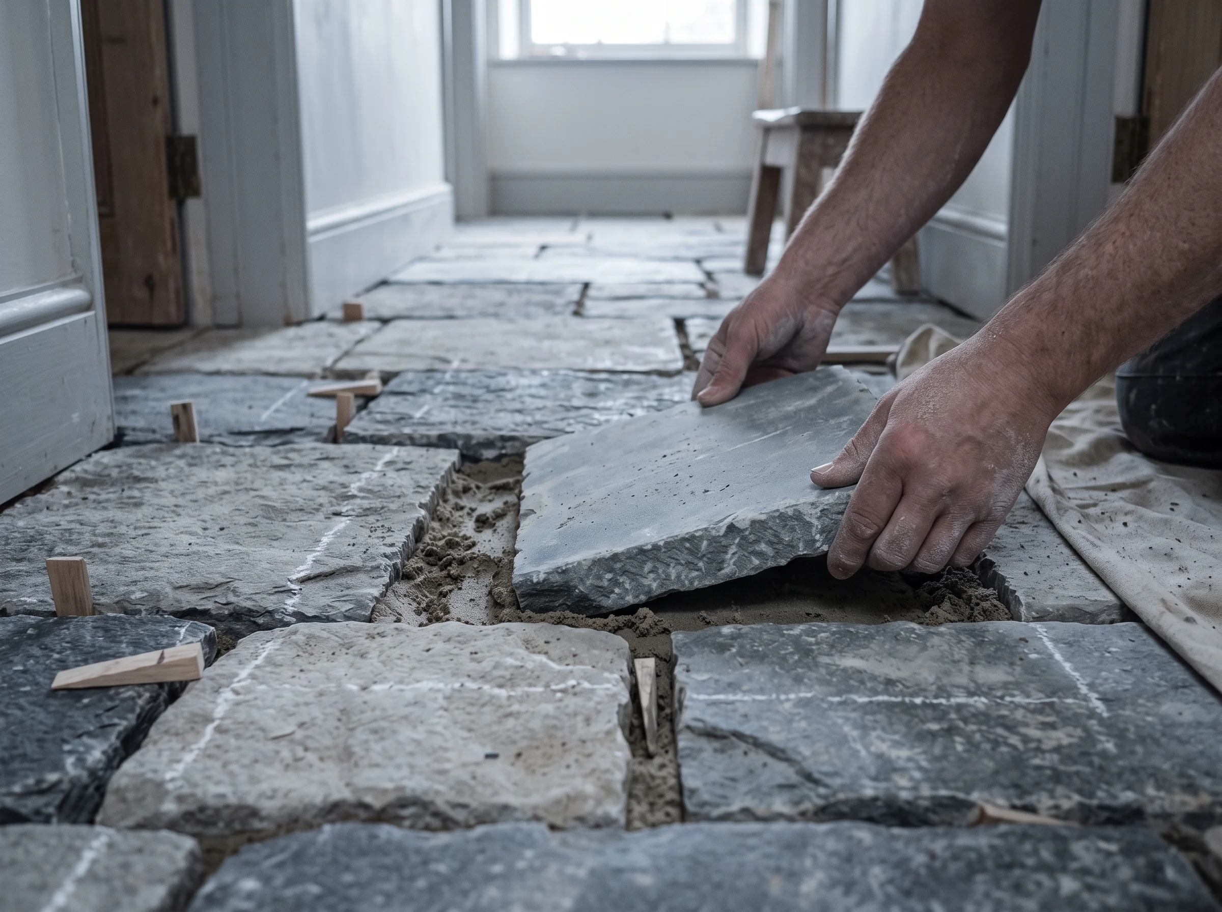 Hands adjusting a loose flagstone in a dry-laid run across a hallway, dust sheet over a piano leg behind