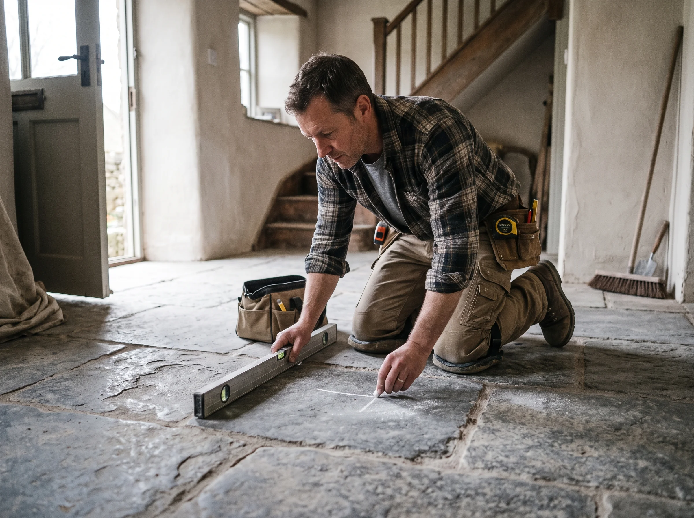 Tiler kneeling on an old hallway floor with a spirit level, assessing the stone before quoting