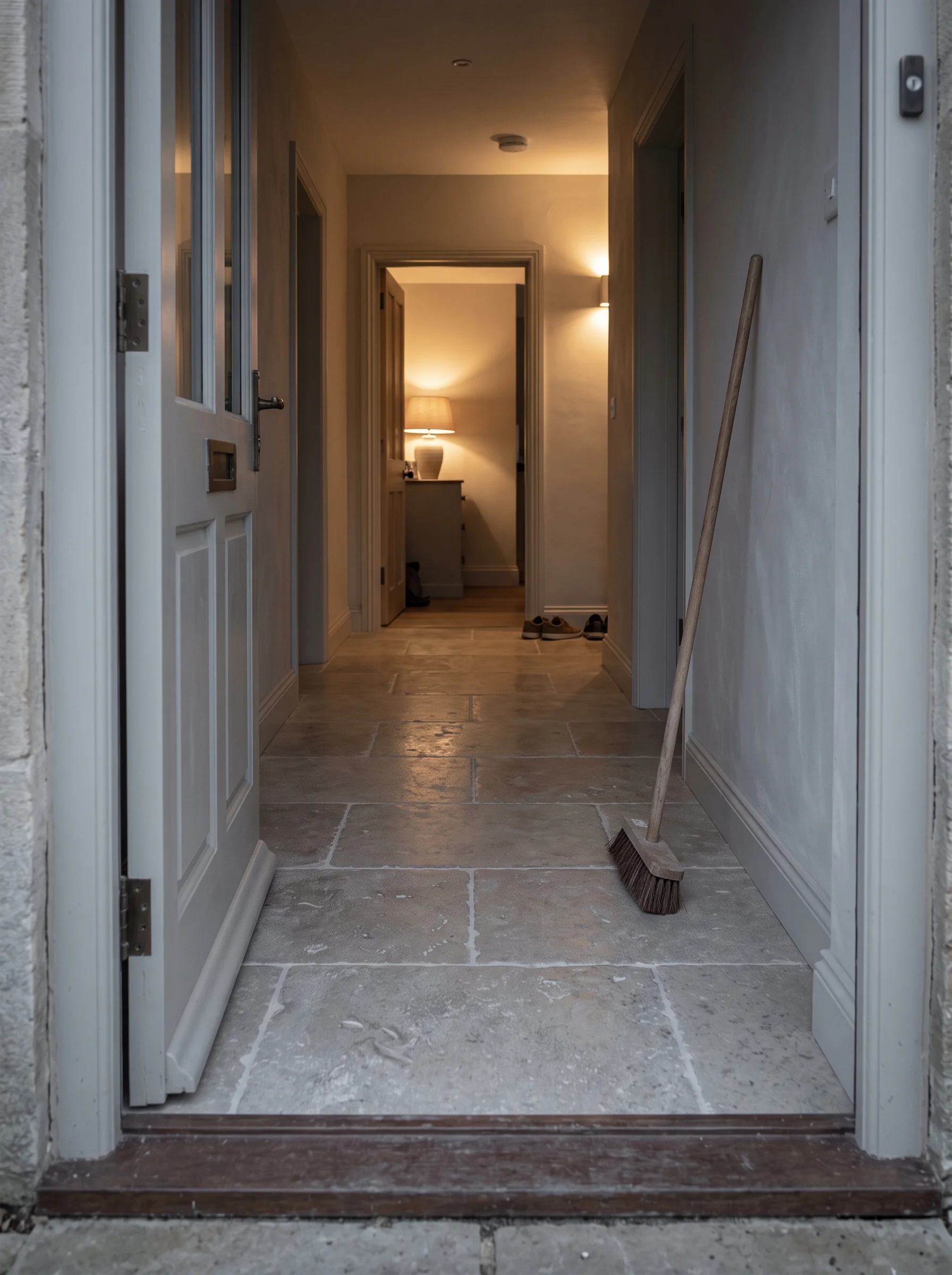 Finished stone hallway floor at dusk seen from the open front door, broom leaning against the wall