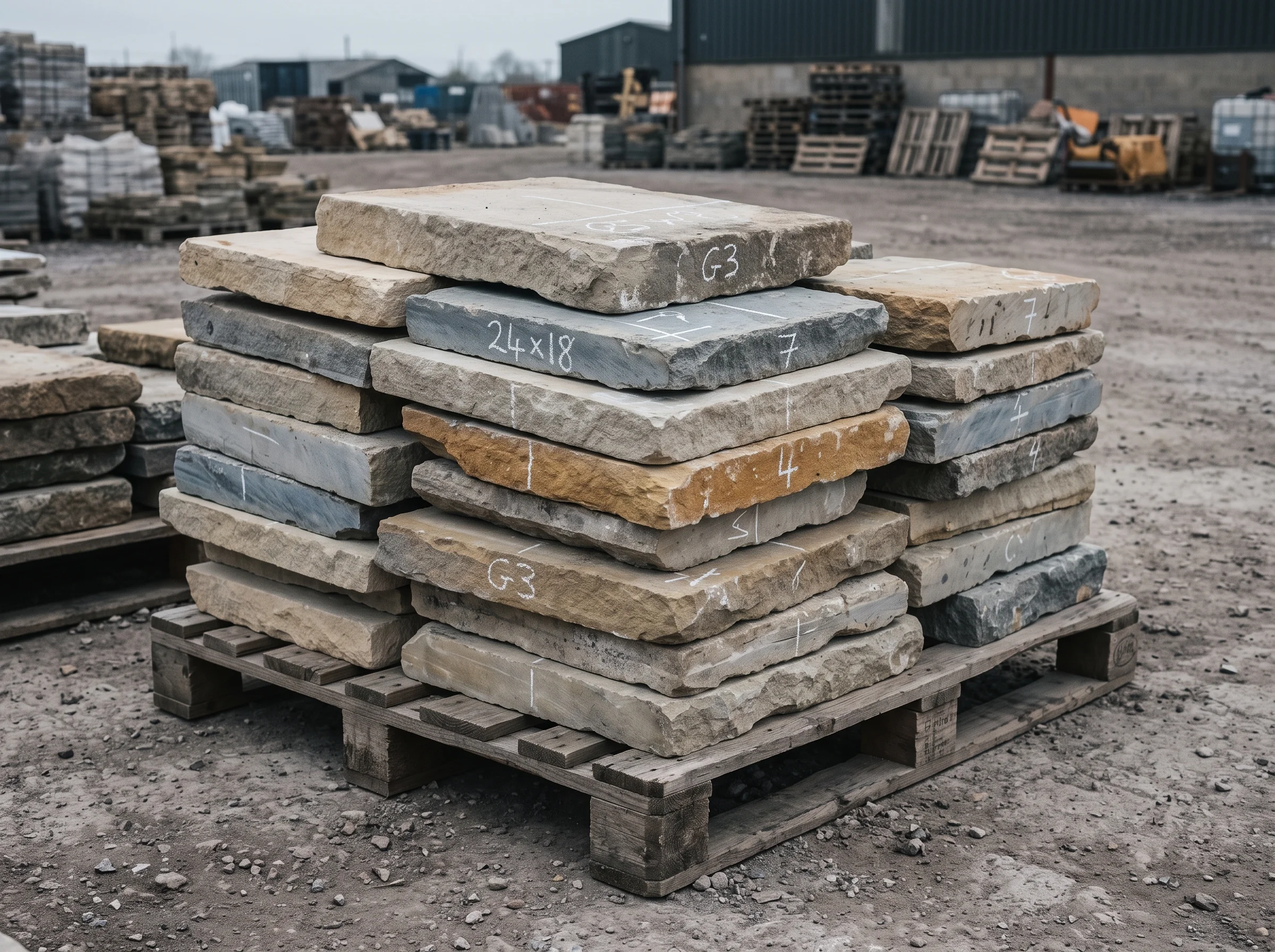 Reclaimed limestone flags stacked on a pallet with chalk grading numbers on their edges