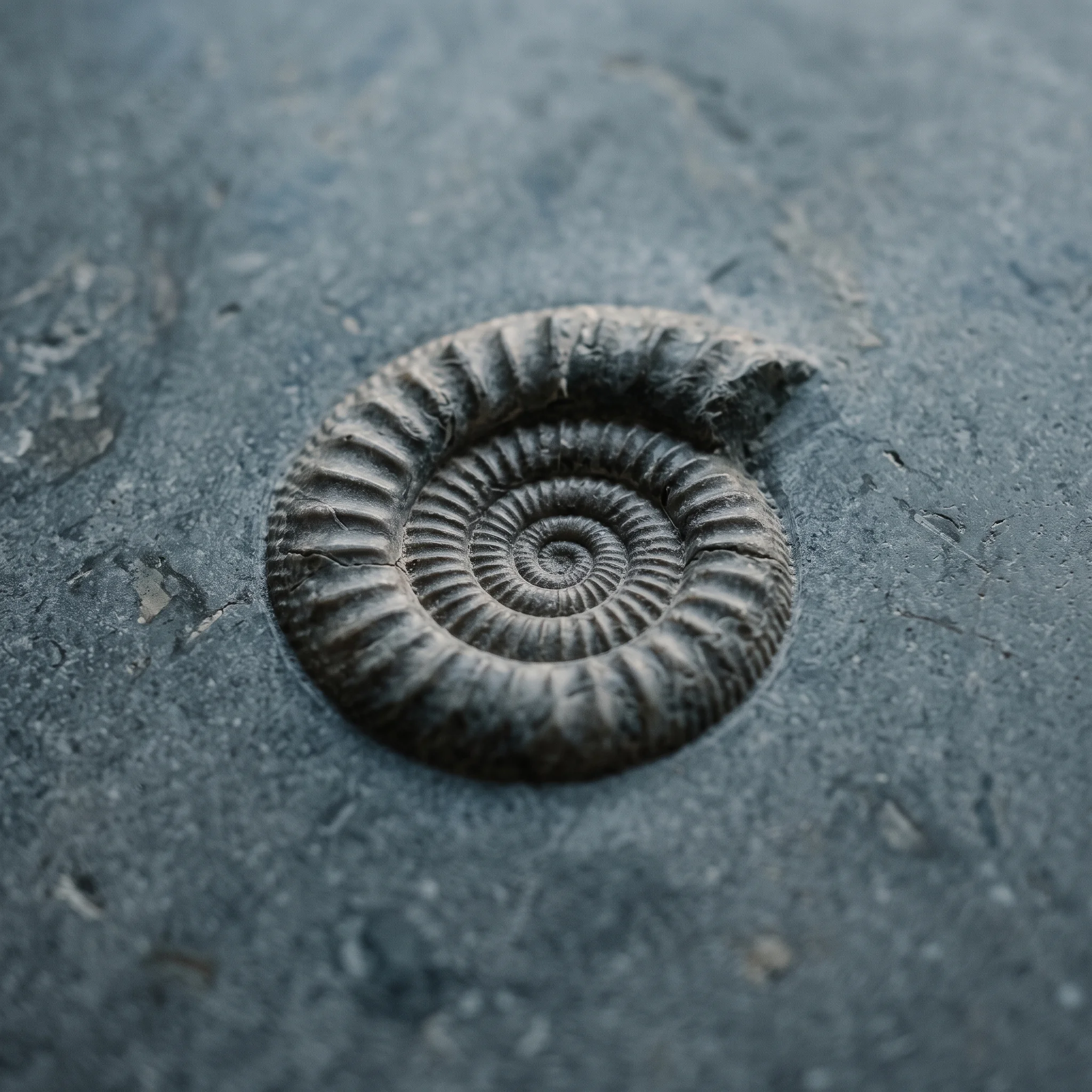 Ammonite fossil spiral picked out by raking light in a honed limestone flag