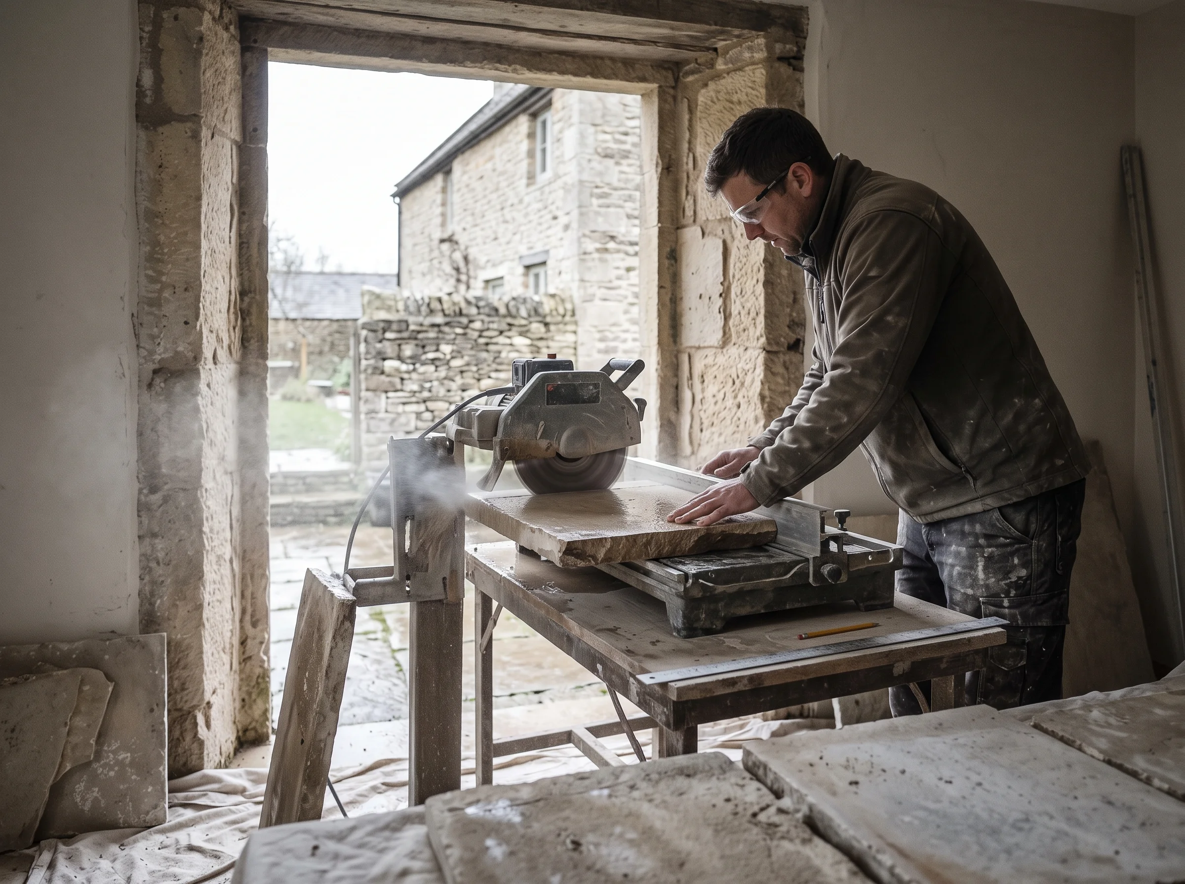 Wet saw in a doorway cutting a limestone flag, mist rising off the blade