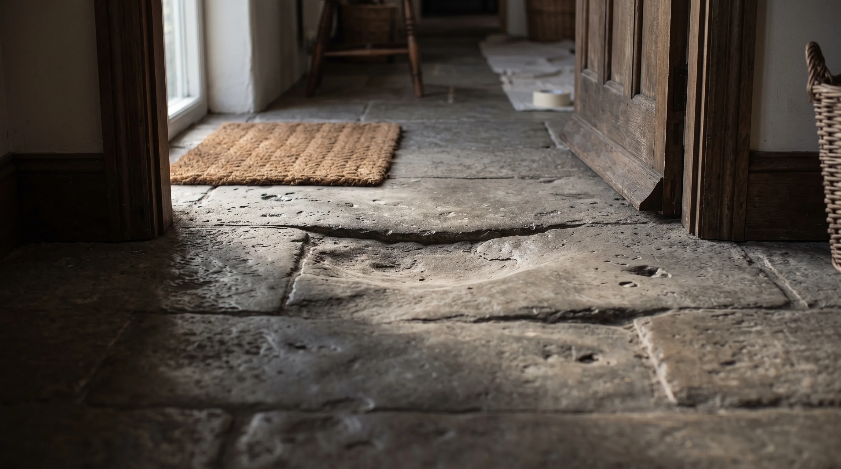 Raking light across an antique stone floor showing the shallow hollow worn by generations of feet