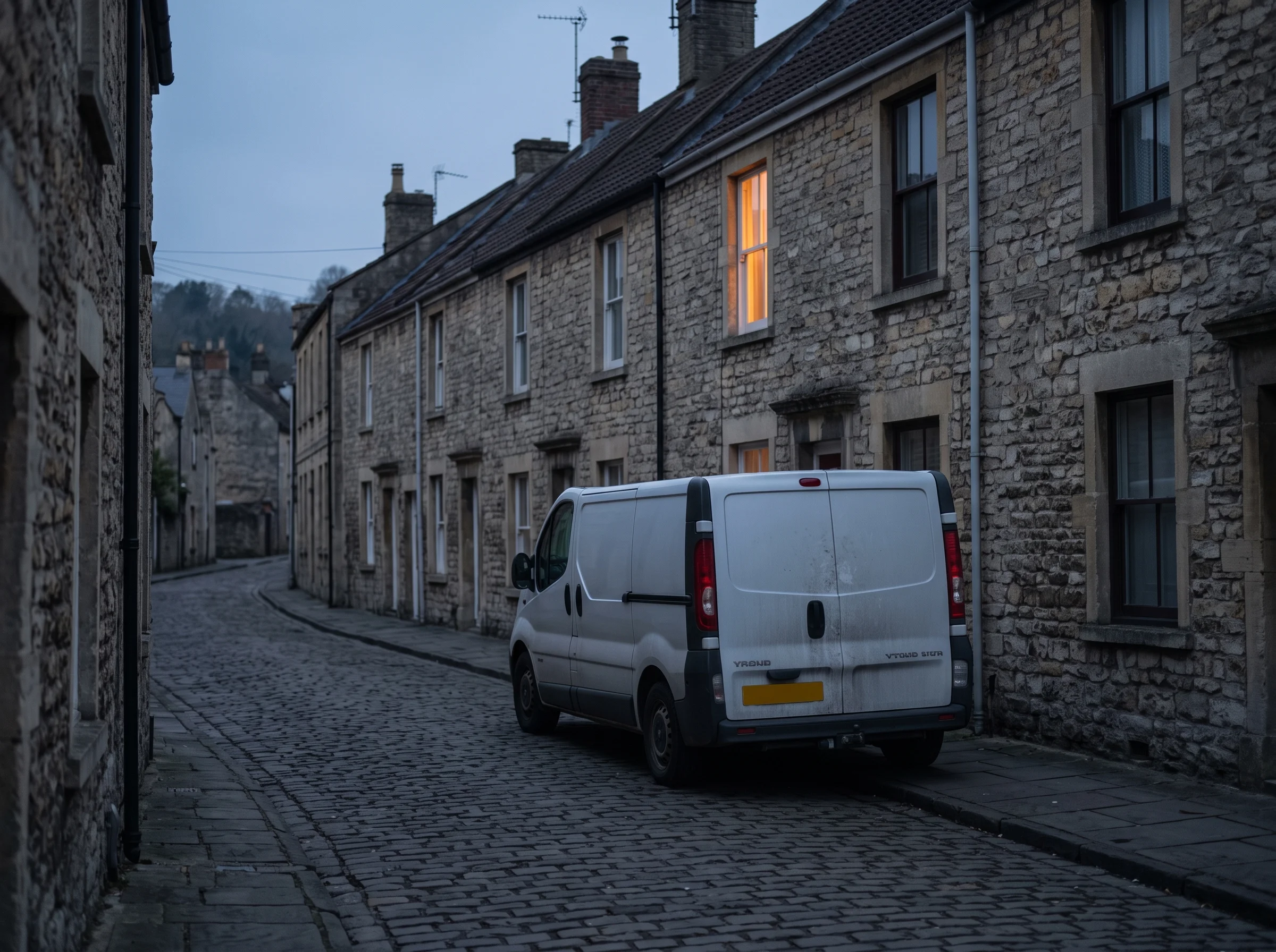 Work van parked in a narrow Frome street at dusk between honey-grey stone houses