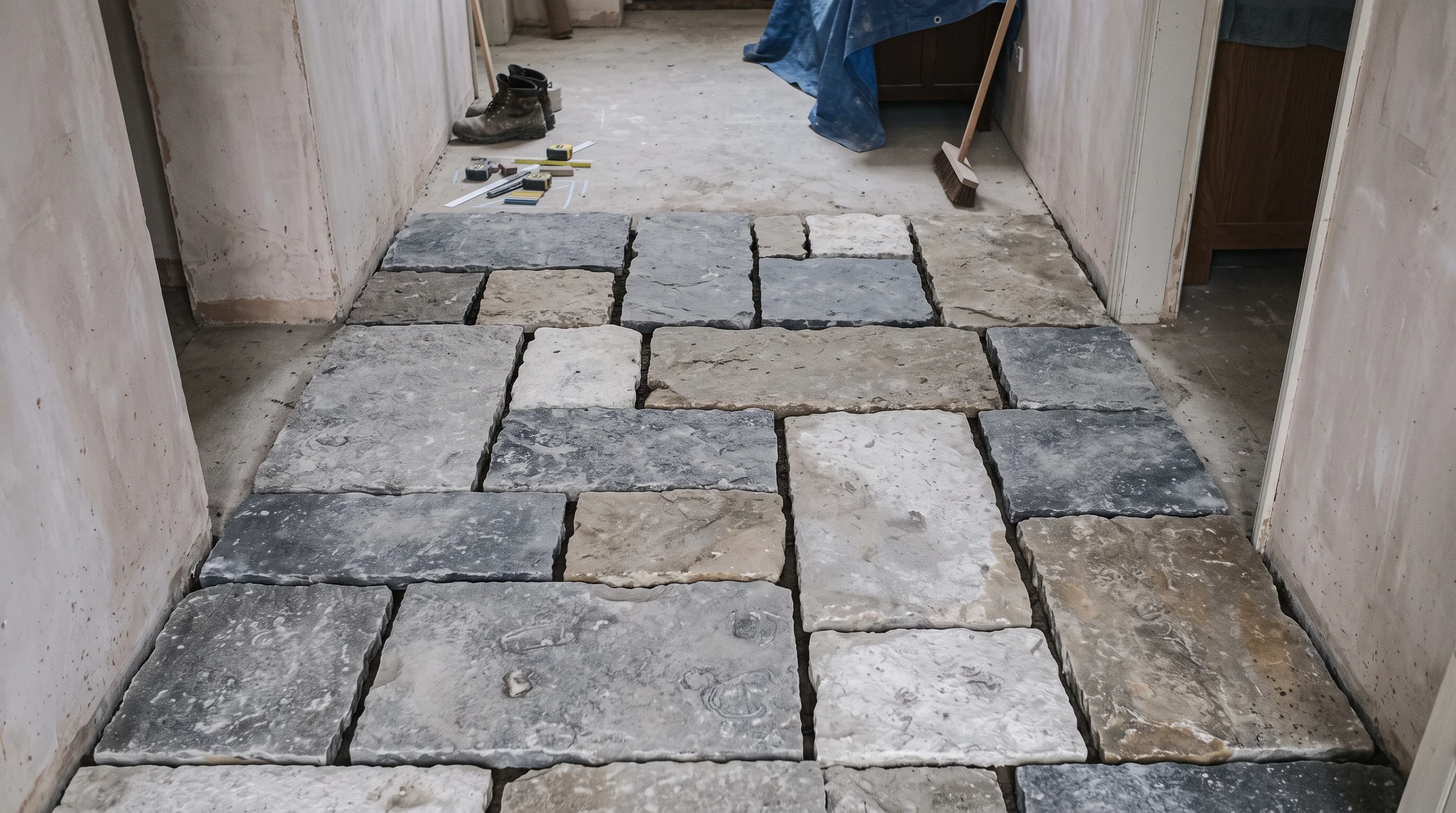 Reclaimed limestone hallway floor laid out dry from above, with open gaps still showing between the flags